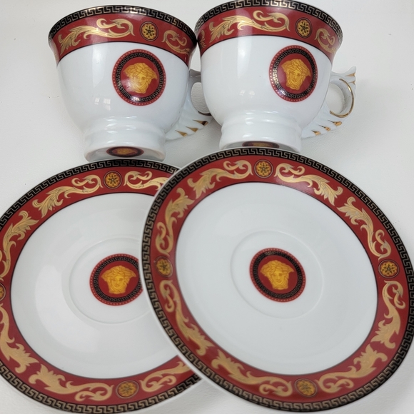 2 Versace Medusa Winged Teacup/Saucer Sets (Rosenthal) Greek Key - Picture 8 of 9
